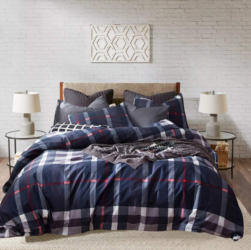 KAREVER Navy Plaid Comforter Set Queen Checkered Bedding Set Navy Blue Tartan Grid Comforter Striped for Women Adult Navy Blue Checkered Blanket Set Dark Navy Queen Bed Comforter Set - Image 1